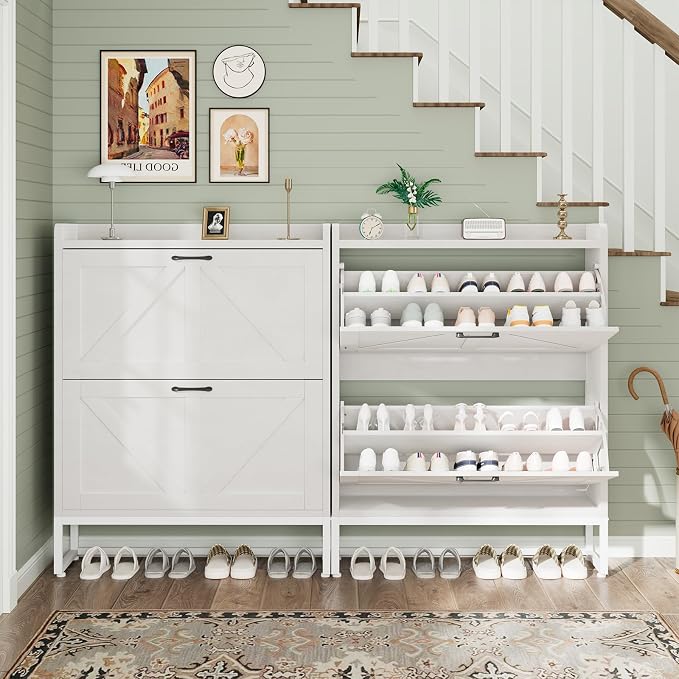 GRUSIGN Shoe Cabinet, Shoe Storage Cabinet with 2 Flip Drawers & Adjustable Shelf, Space-Saving Shoe Organizer – Holds 16+ Pairs, Narrow Shoe Cabinet Storage for Entryway/Hallway（White）