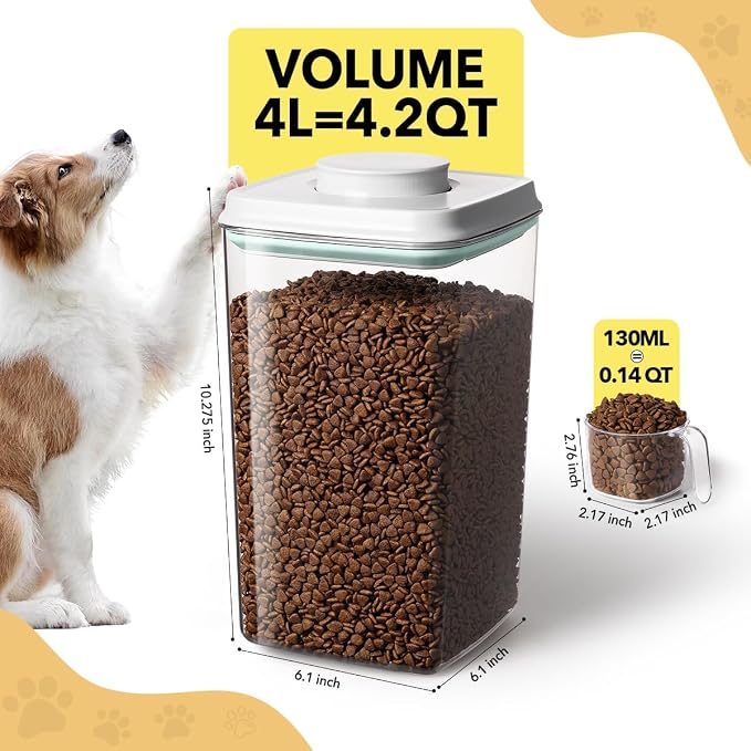Dog-Cat Food Storage Container, 4.2 Qt Airtight Canister with Scoop | 4 L/4.2 Qt clear canister with one-push airtight lid; 130 ml scoop included; removable lid for easy cleaning.
