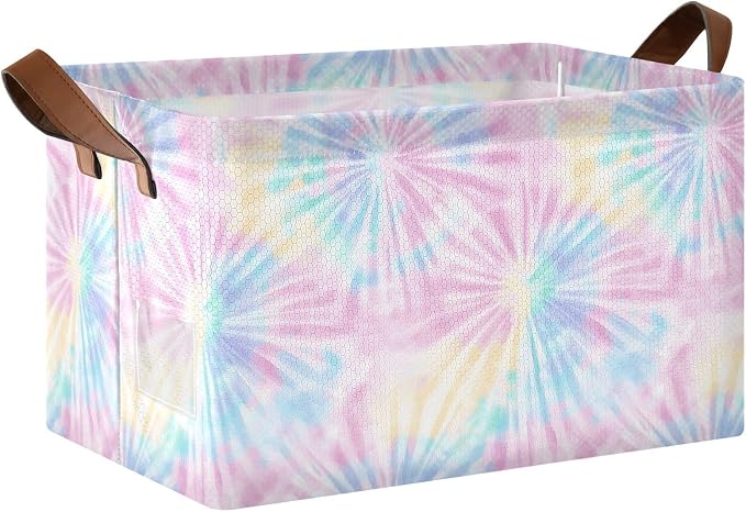 Colorful Tie-dye Rainbow Abstract Storage Basket Foldable Cube Storage Bin with Handles&Label Collapsible Organizer Box Bin Large Rectangle Decorative Basket for Shelve Home Living Room Closet
