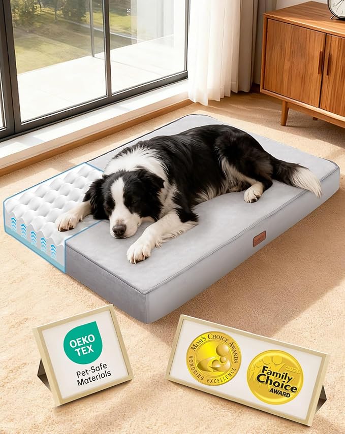 OhGeni Orthopedic Waterproof Med Large Dog Bed, Memory Foam, 36 inch(Gray) | Machine-Washable Removable Cover in Easy-Clean Fabric, Reversible Memory Foam & Easy-Carry Handle, Wider and Larger