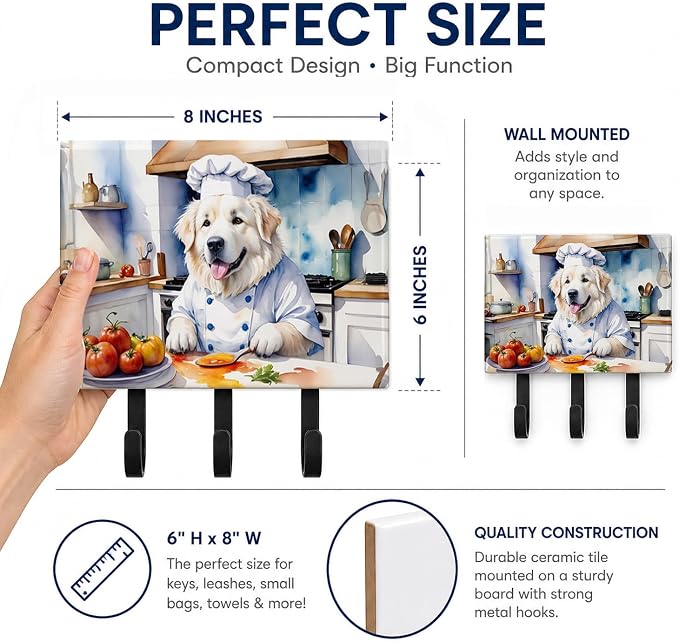 Caroline's Treasures Great Pyrenees The Chef Leash or Key Holder Wall Hooks, Key Hooks Holder, Coat Rack Wall Mount, Coat Hooks, Hooks for Hanging Keys, Towels, Aprons, Leashes | Great Pyrenees The Chef artwork on ceramic tile with three steel hooks fo...