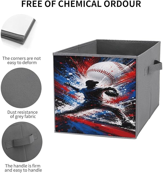 Baseball Player Pitching Action Art Storage Bin with Handles, Oxford Fabric Foldable Storage Cube Organizer for Clothes, Towels, Bedroom, Living Room, Home Organization