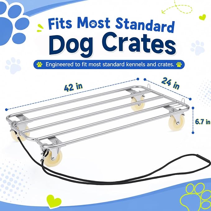 DaisyInner 42" x 24" Chrome Dog Cage Cart with Wheels Heavy Duty Kennel Trolley 330 Lbs Capacity with Removable Pull Rope and Handle Locking Casters for Vet Clinic, Grooming, Shelter