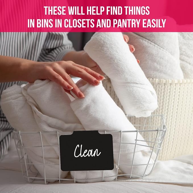 Basket Labels Clip On for Pantry Organization and Storage Baskets Bin Labels - Small Chalk Labels for Baskets - Black Bin Clip Labels for Baskets - Chalkboard Basket Tags Dry Erase Bin Labels Clip On