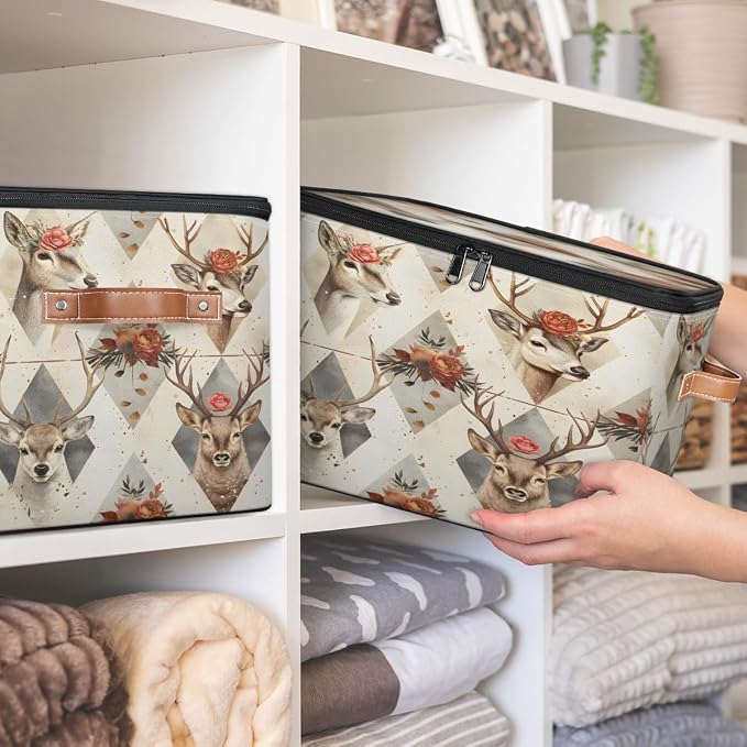 Deer Flower Storage Box with Zipper Lid