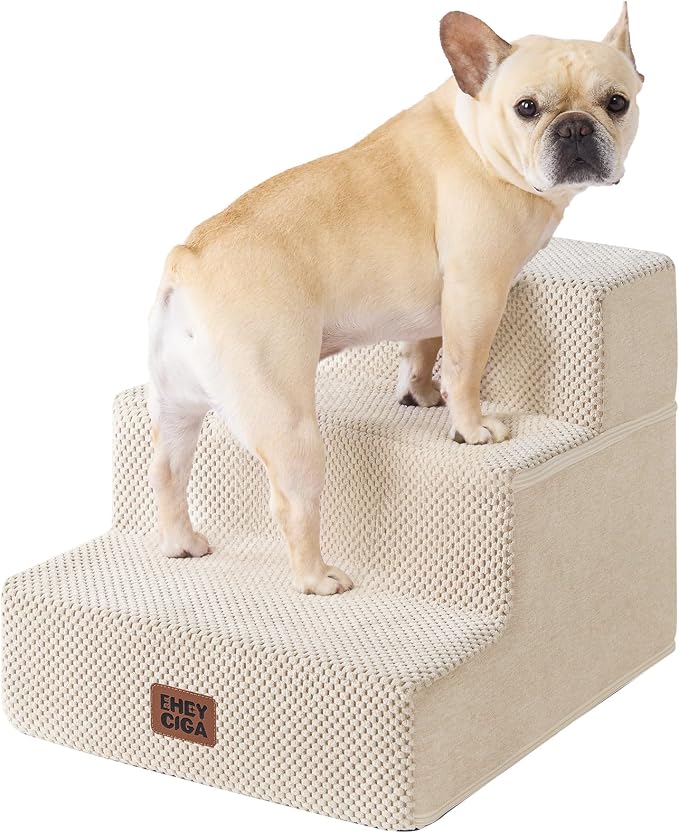 EHEYCIGA Dog Stairs for Small Dogs 13.5" H, 3-Step Dog Steps for Cats, Beige
