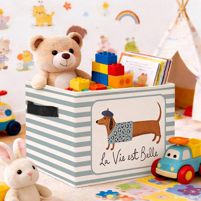 La Vie Est Belle Dachshund Blue Stripe Foldable Fabric Storage Bin | French dachshund and blue stripe design; foldable bin for toys, books, clothes in kids room, nursery, bedroom or playroom.