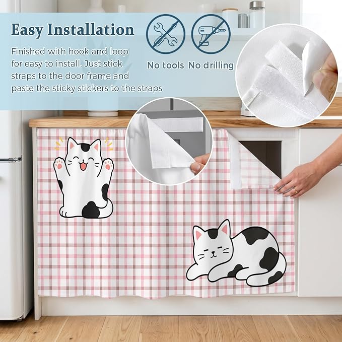 Cute Cat Cabinet Dishwasher Hidden Curtains, Privacy Closet Door Curtain, Pink Brown Checked Modern Pet Cats Rustic Adhesive Dust Proof Under Sink Skirt for Bathroom Kitchen 35"x35"