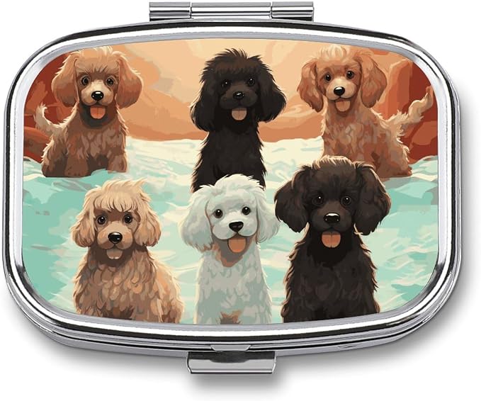 Poodles Dogs Pill Organizer Cute Pill Box Decorative Metal Pill Case Portable Vitamin Organizer Travel Medicine Holder Mini Pill Storage Container for Purse