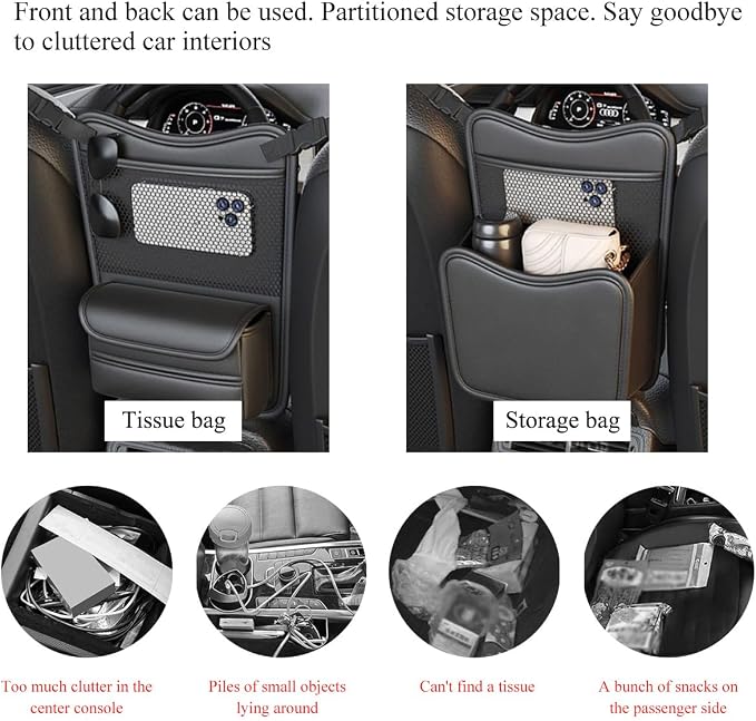 DXNQ Car Organizer Storage Between Seats, Leather Large Capacity Automobile Handbag Hanging Store Content Bag, Auto Console Organizer Holder for Snack Phone Document Storages, Car Accessories (Black)
