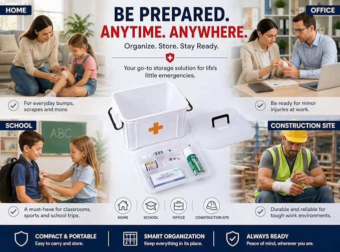White Small Empty Medical Box for Home Emergency Supplies, Travel, Car, and Dorms – Compact First Aid Box with Handle, Detachable Tray and Locking Lid – Medical Organizer and First Aid Kit Storage