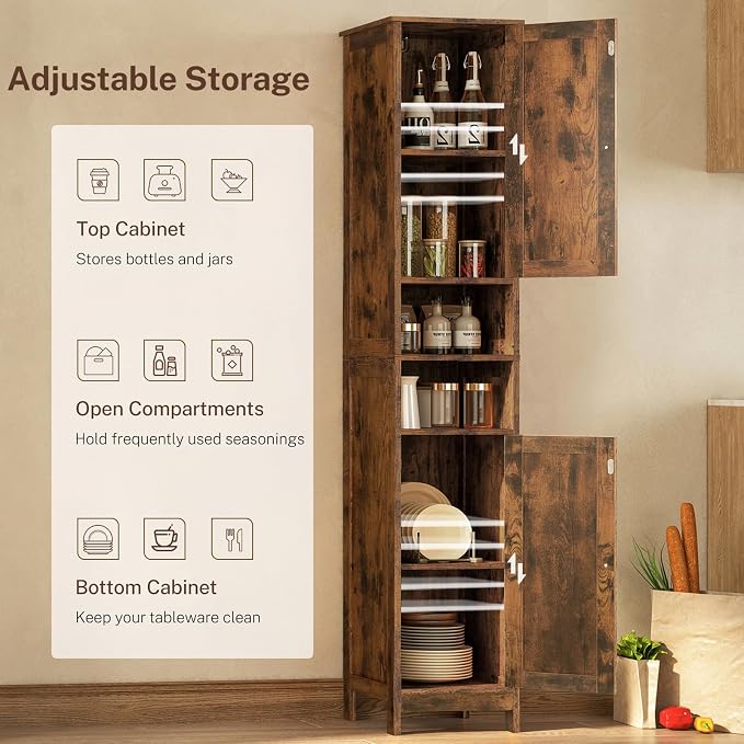 TEENFON 67" Tall Bathroom Cabinet with 2 Adjustable Shelves and 2 Doors, Narrow Bathroom Storage Cabinet for Small Space, Living Room, Entryway, Kitchen, Rustic Brown