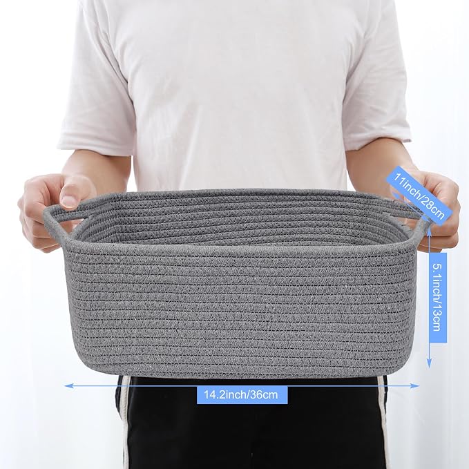 ABenkle Small Storage Basket with Handles, Cotton Rope Woven Dog Cat Toy Bin, Decorative Shelves Closet Organizing for Nursery Laundry Bedroom Bathroom, 14.2''x 11''x 5.1''