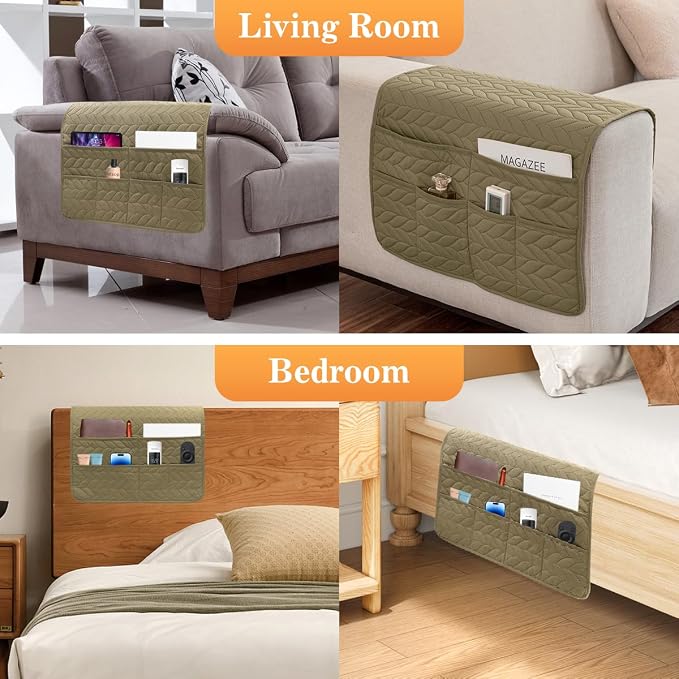 Sofa Armrest Organizer Arm Chair Caddy for Recliner, Remote Control Holder for Recliner, Non-Slip Armchair Caddy with 6 Pockets Storage for Magazine, Tablet, Phone, Dark Khaki