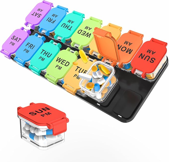 Yaklim Extra Large Weekly Pill Organizer, Detachable 7 Day AM PM Pill Box | XXL 14 Detachable AM PM Compartments；For Big Vitamins & Supplements； Easy to Open & Fill； Waterproof Seals； Easy Readability