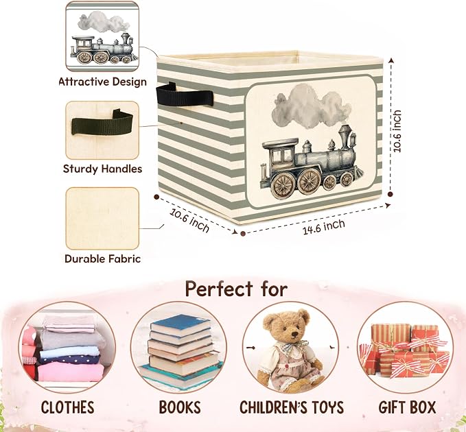 Train Storage Bin, Foldable Fabric Basket for Bedroom Nursery | Foldable fabric storage bin with vintage train design for toys, books, clothes, nursery, bedroom, and playroom organization.