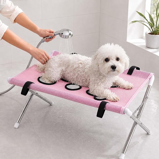 Foldable Pet Bathing Stand, Portable Dog Grooming Rack for Home Care (Pink) | Quick Dry Mesh Grooming Table with Stable Anti-Slip Design for Small Medium Dogs & Cats, Nail Trimming and Bath Care