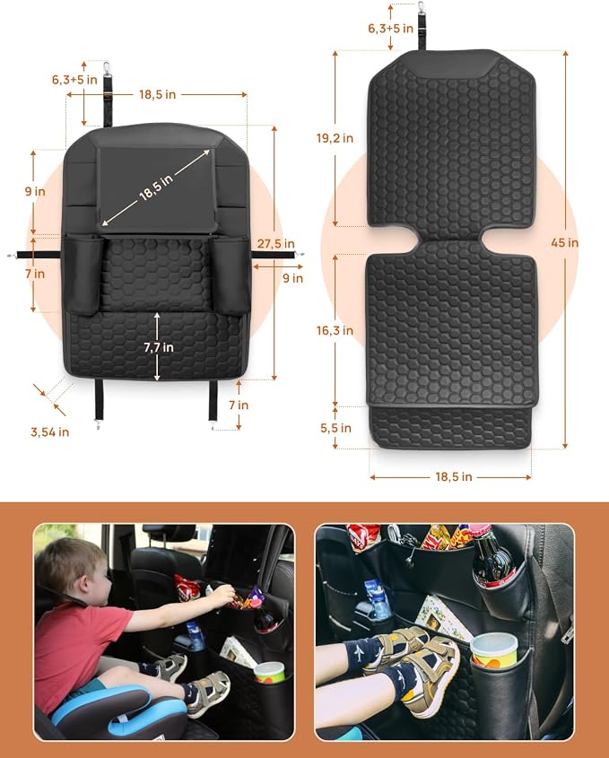 Owleys Back Seat Organizer for Kids with Seat Protector, Black Set | Hanging faux leather organizer, 8 pockets and a clear tablet pocket, with a kick mat that shields the seat back.