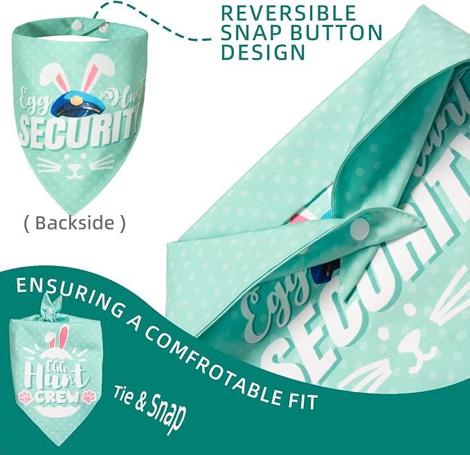 Easter 2-in-1 Dog Bandanas with Cute Egg Hunt Crew & Security Roles for Easter Game, Mint Green Pet Holiday Costumes Scarf with Snap Button, Large to Giant Breeds (75lbs+)