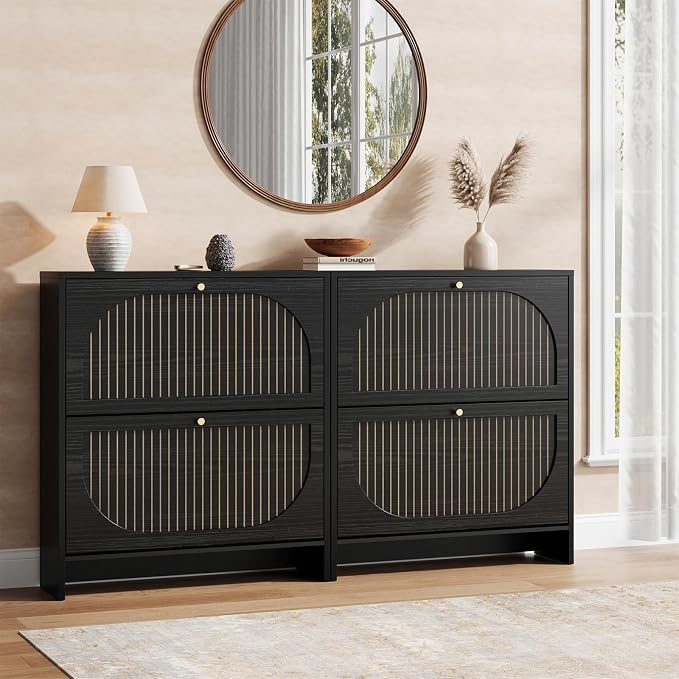 Shoe Cabinet Storage for Entryway, Narrow Shoe Rack 2 Flip Drawers with 3-Level Adjustable Shelves, 9.5" Slim Cabinet for Small Spaces, Midnight Black Wood Storage Cabinets Fits Size 12+