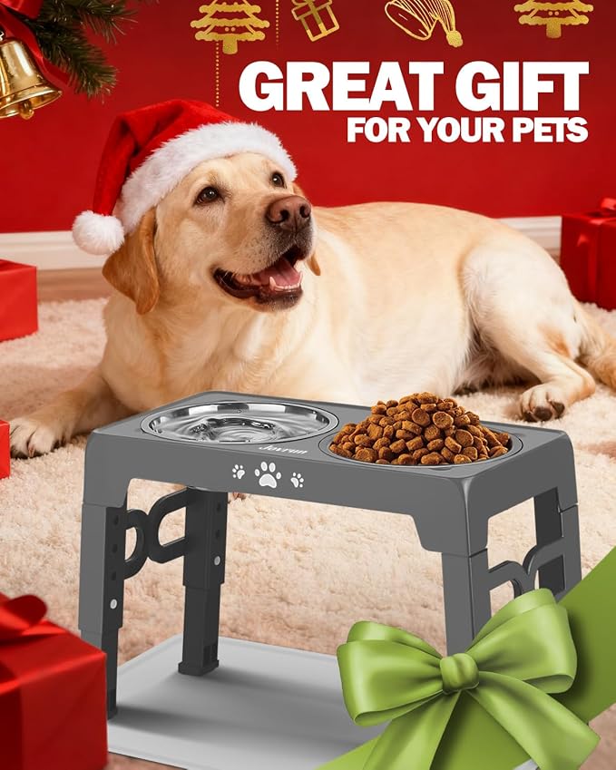 Jovrun Elevated Dog Bowls for Medium Large Dogs with Mat, Non-Slip Dog Feeder with 1*Stainless Steel Dishes & 1*Slow Feeder Bowl, 5 Heights Adjustable Raised Bowls for 3.15″-8.66″-9.84″-11.02″-12.2″