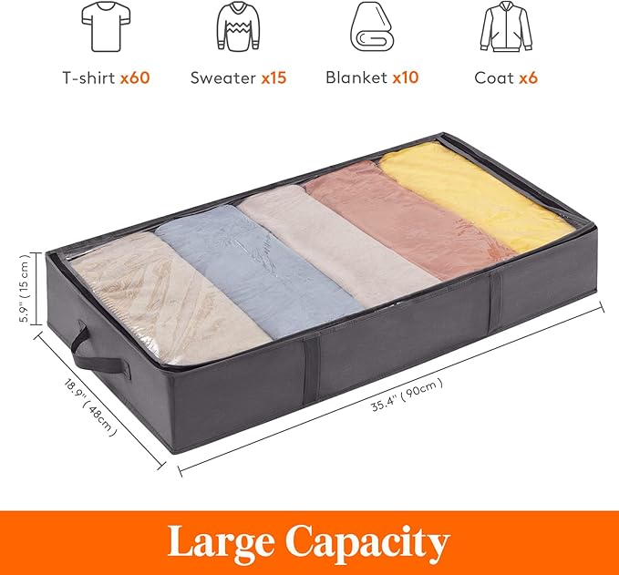 Lifewit 4 Pack UnderBed Storage Bags with Lid, Clothes Storage Boxes Foldable Under bed Storage Organizer with Reinforced Handle Thick Fabric Clear Window for Clothes Blankets Shoes, 65L, Grey