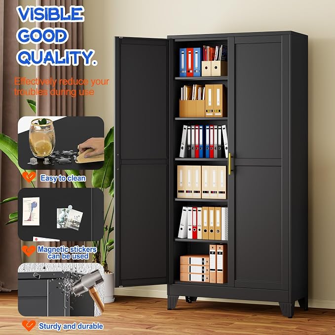 GAIOUS 75'' Tall Metal Garage Storage Cabinet, File Cabinet with 2 Doors and 5 Adjustable Shelves, Black Outdoor Steel Tool Cabinets for Home Office,Warehouse,Garage