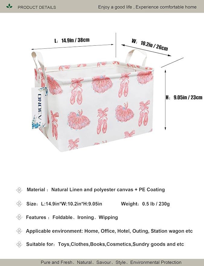 Rectangular Pink Ballerina Storage Bin,Closet Organizer Basket | Waterproof,reinforced handles,foldable bin holds apparel,dance gear, sundries & belongings for teen-girl bedrooms