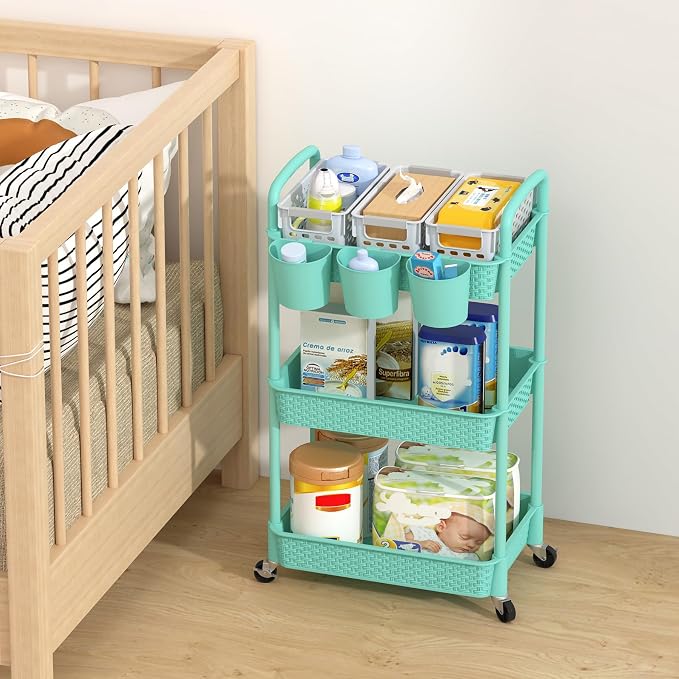 MOYIPIN 3-Tier Plastic Rolling Utility Cart with Handle,Turquoise | Utility Storage Cart for Office, Living Room, Kitchen,Movable Storage Organizer，Easy installation，Rattan-like art design