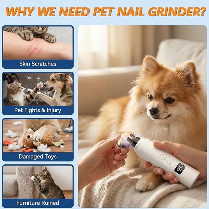 Ultra Quiet Dog Nail Grinder with LED Light, Cats & Dog Nail Trimmers, Anti-slip Dog Nail Clippers, High Speed Grinder for Cats, Small Medium Large Dogs, 3-Speed Adjustable, Replacement Grinding Heads