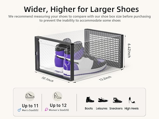 Kuject X-Large Shoe Storage Boxes 12 Pack, Clear Stackable Shoe Organizer | Shoe Case for Closet, Entryway & Under-Bed Storage, Drop-Front Design, Space-Saving Solution for Family Organization,Black