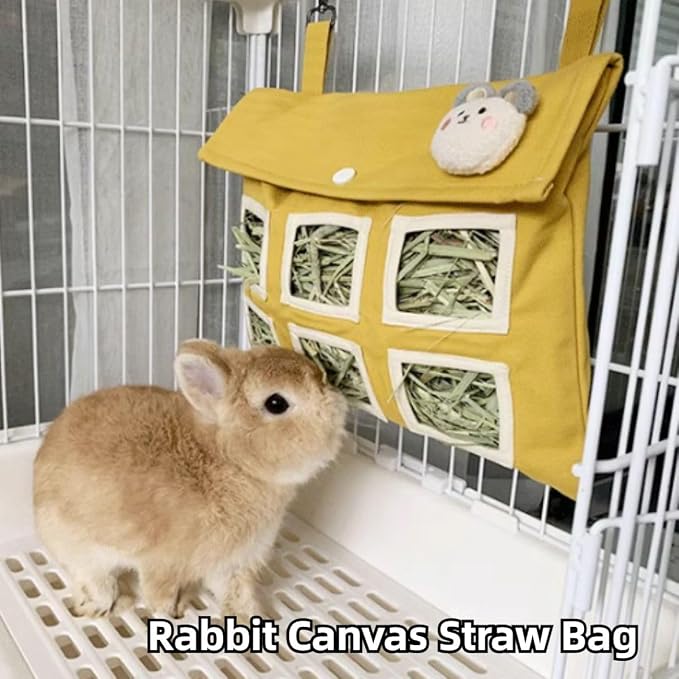 Rabbit Hay Feeder Bag with Cute Pendant, Storage Guinea Pig Feeder Rack Bag, Large Capacity Cotton Canvas Hanging Bag for Bunnies Chinchillas Guinea Pigs (Orange-Pink,L)