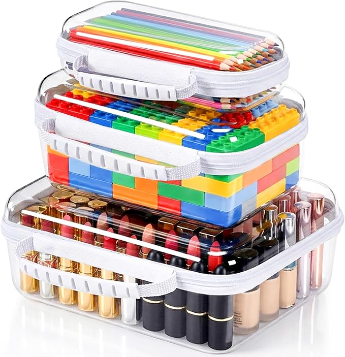 3 Pack Hard Shell Zipper Cases Clear Deep Bottom PET Plastic Waterproof | Storage Pouches Travel Organizer Bags for Makeup Toys Art Supplies Home Organization