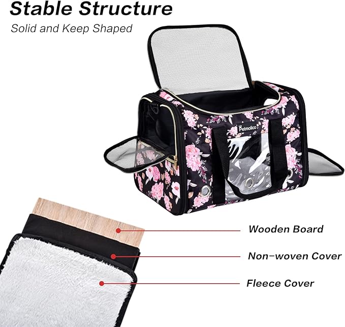 Petmolico Cat Carrier Soft-Sided Airline Approved, Large, Pink Peony | For small/medium cats & puppies up to 16 lbs, 3 open doors, travel-friendly pet bag