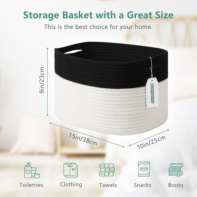 ECDYQXVU Cotton Rope Storage Basket, 15x10x9 Inches, Woven Basket for Shelves, Clothes, Towels, Books, and Laundry, Black/ White (1 Pack)