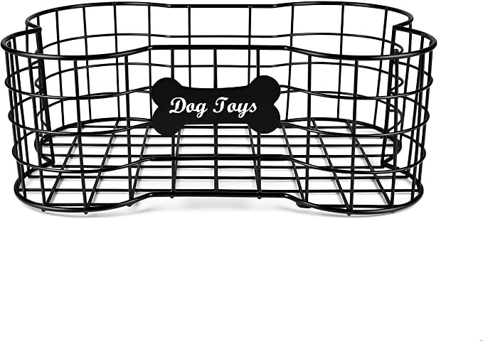 Metal dog toy bin basket bone shape designed outdoor dog toy storage great for collecting pet chew toys leashes clothing in living room area playroom closet shelf