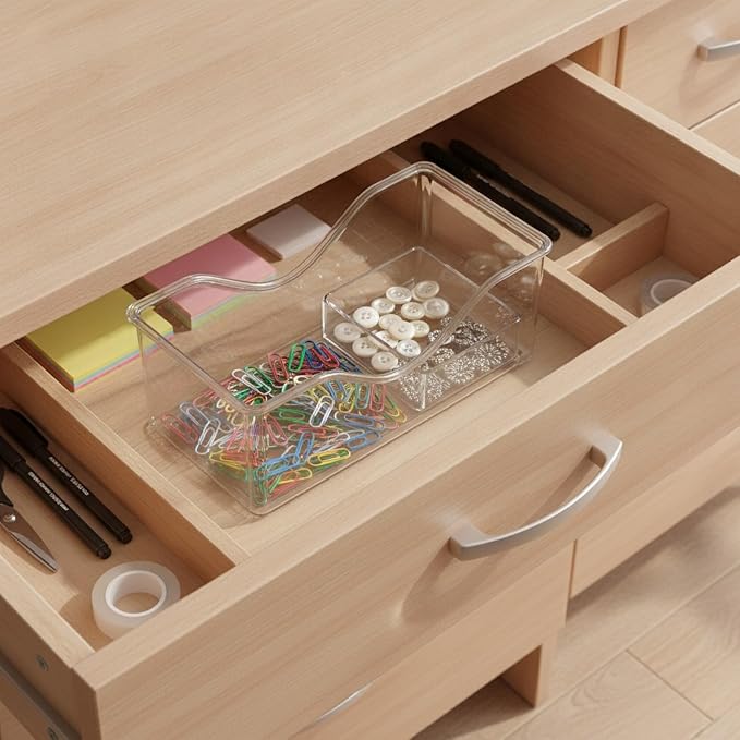 Divided Storage Box with Lid, PET Plastic Organizer for Desktop Drawers, Clear Compartments for Office Supplies Craft Jewelry (1 PC)
