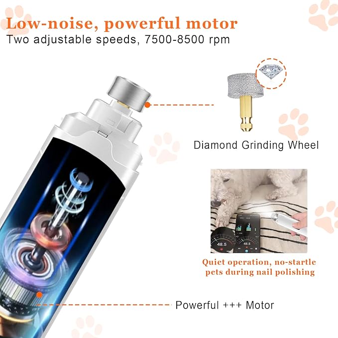 Dog Nail Grinders, Electric Rechargeable Pet Nail Trimmer Low Noise with LED Light 2-Speed Mode for Large Medium Small Dogs & Cats