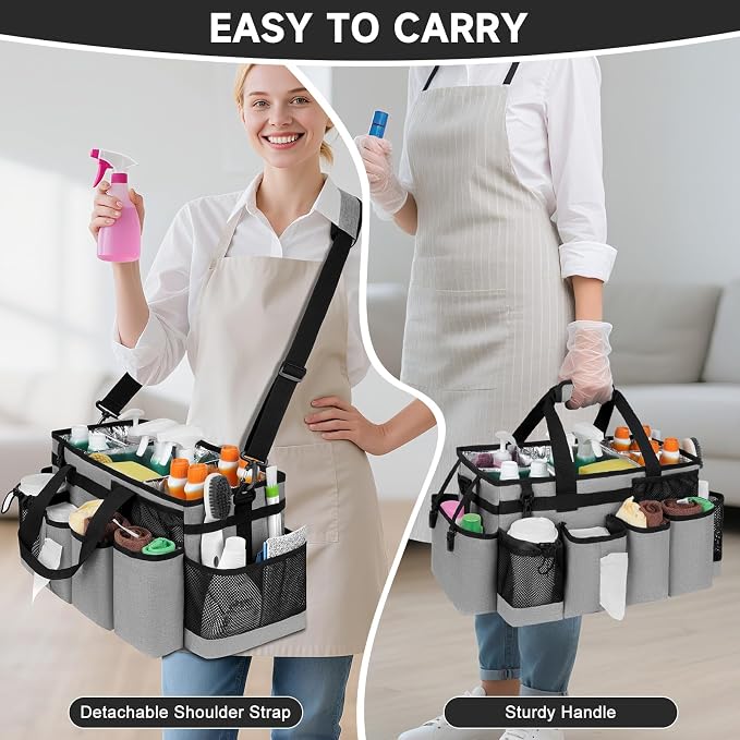 Cleaning Caddy Bag, Extra Large Cleaning Supply Bag for Housekeepers,Gray | Sturdy Cleaning Caddy Organizer for Cleaning Supplies with Handle and Adjustable Shouder Strap, Easy to Clean Design