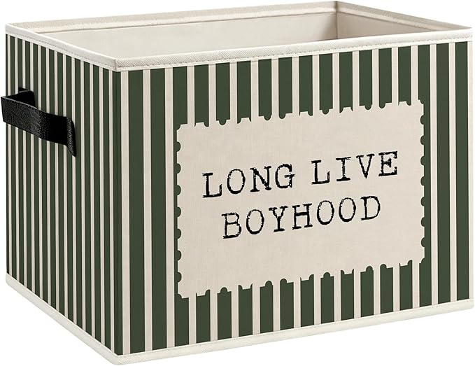 Kids Boy Nursery Foldable Storage Bins Box with Handles, Dark Green Striped Long Live Boyhood Decorative Storage Boxes Baskets Toybox Organizer for Kids Boy Nursery Room Bedroom Playroom