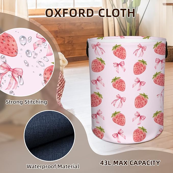 Strawberry Laundry Hamper, Waterproof Laundry Basket for Bedroom, 43L Collapsible Round Storage Bin with Handles for Toys, Storage Basket for Boys Girls, Strawberry Bathroom Decor 13.8x17.7 in
