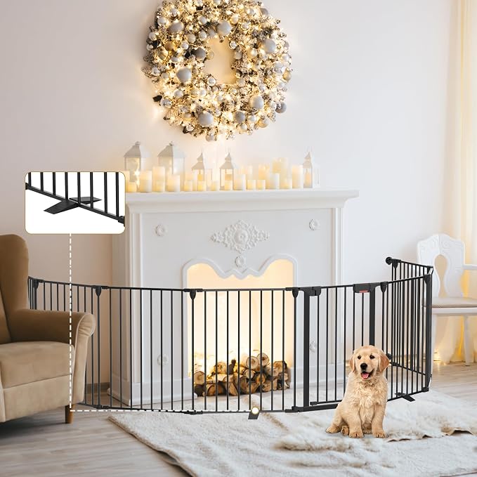 Kfvigoho Dog Gate 27.5"-199" Extra-Wide Playpen, Freestanding Pet Gate | Puppy Fence with Auto-Close Door, Double Locking System for Fireplace, Foldable (Black, 8 Panels)