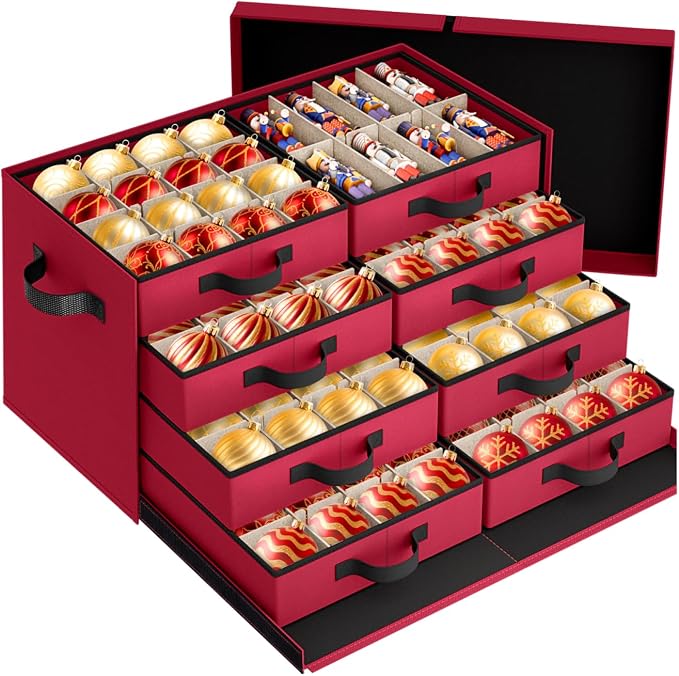 StorageRight Christmas Ornament Storage Box - Ultra Large Drawer Ornament Organizer with 8 Separate Trays & Adjustable Dividers, Portable Ornaments Box with Cover & Handle for Holiday Decorations(Red)