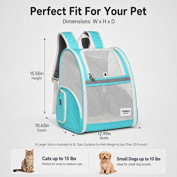 Cat Backpack Carrier for Small Dogs and Medium cat Puppy Kitten Bunny Pet Carrier Backpack Collapsible with Fully Ventilated Mesh with Safety Leash (LightGreen, 12.9" L x 10.62" W x 15.5" H - M)