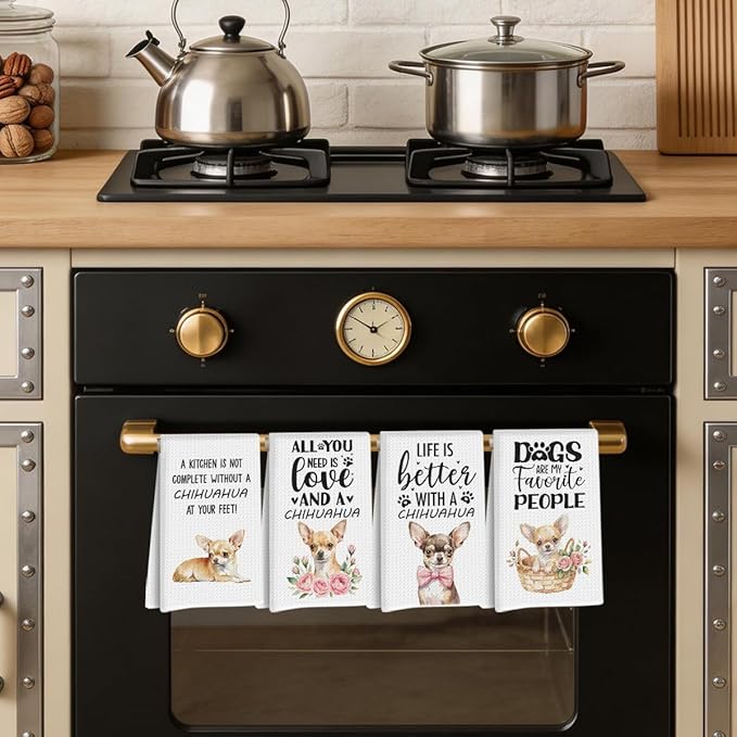 4Pcs Chihuahua Kitchen Towels 24x14 Inch, Chihuahua Gifts for Women Mom, Waffle Weave Kitchen Towel, Dog Decorative Reusable Hand Towels for Bathroom, Gifts for Dog Lovers, 14x24 Inches