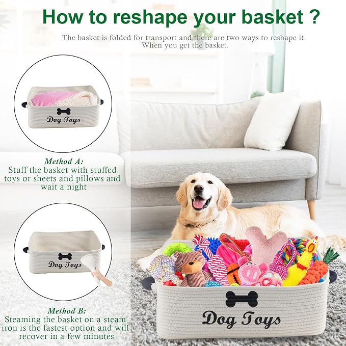 Dog Toy Basket-100% Cotton Rope Dog Toy Bin for Living Room Area-Trapezoid Pet Toys Box with Sturdy Handle-Puppy Bed-Dog Stuff Organizer for Toys,Collar,Leash,Blanket-Chew Proof-Beige