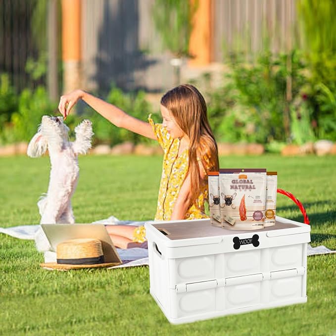 Collapsible Dog Toy Basket with Handles, Portable Dog Stuff Organizer, Outdoor Storage Box with Table Function, Ideal for Car Trunk, RV Trip, Picnic