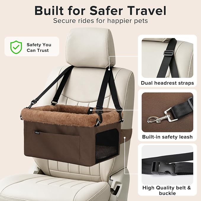 JOEJOY Deluxe Dog Booster Seat with Sturdy Metal Frame and Safety Leash for Small Pets up to 20 lbs - Portable Puppy Dog Car Seat with Thick Cushion and Storage Pockets for Small Dogs, Brown