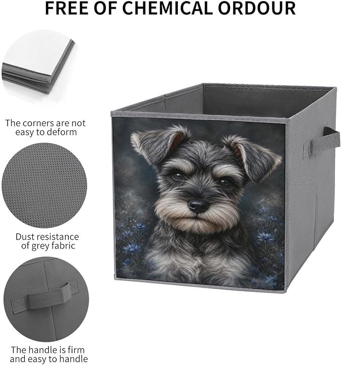 Schnauzer Dog Portrait With Blue Flowers Storage Bin with Handles, Oxford Fabric Foldable Storage Cube Organizer for Clothes, Towels, Bedroom, Living Room, Home Organization