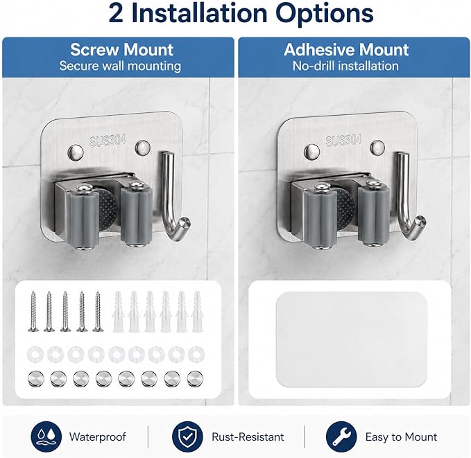 Broom Holder Wall Mount 4 Pack, Heavy Duty Mop and Broom Hanger with Hooks | Innovihue 304 Stainless Steel Broom Hanger, Self Adhesive or Screw Mount Organizer for Kitchen Laundry Garage